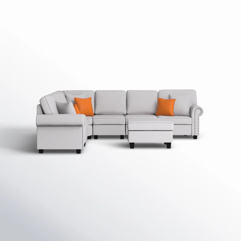 L Shape Sectional Sofa: 136.35" Wide Reversible 7-Piece Modular Corner Sectional with Ottoman(Light Gray Polyester Blend)
