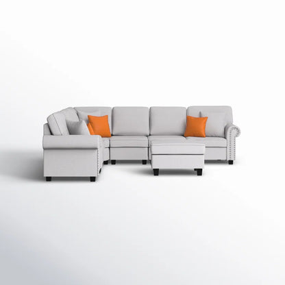 L Shape Sectional Sofa: 136.35" Wide Reversible 7-Piece Modular Corner Sectional with Ottoman(Light Gray Polyester Blend)