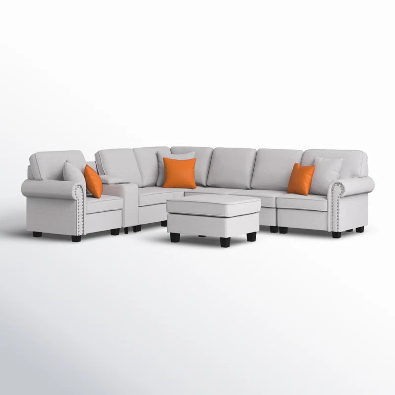 L Shape Sectional Sofa: 136.35" Wide Reversible 7-Piece Modular Corner Sectional with Ottoman(Light Gray Polyester Blend)