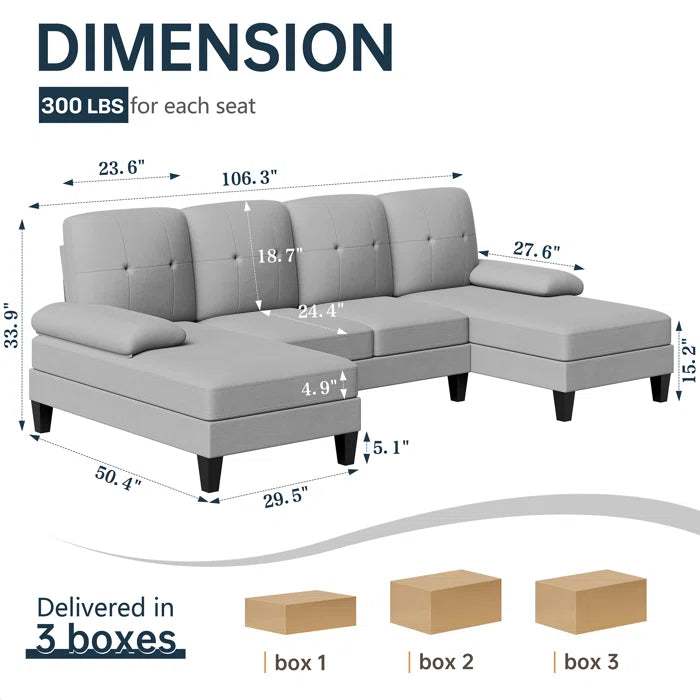 U- Shape Sectional Sofa: 106" Modular Upholstered Sectional 3-Piece Sectional for Living Room(Light Gray Cotton Blend)