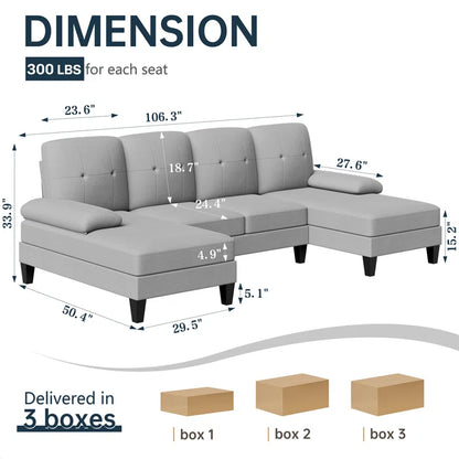 U- Shape Sectional Sofa: 106" Modular Upholstered Sectional 3-Piece Sectional for Living Room(Light Gray Cotton Blend)