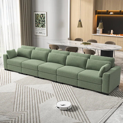 5 Seater Sofa: Luxury Upholstery Sofa With Lumbar Pillows, Corduroy Sofa Collection(Green)