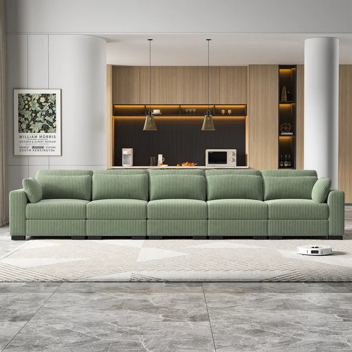 5 Seater Sofa: Luxury Upholstery Sofa With Lumbar Pillows, Corduroy Sofa Collection(Green)