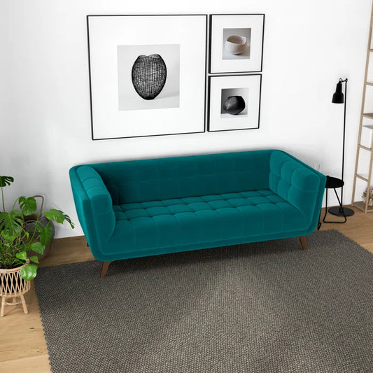 THE CASE ORO® 86'' Mid-Century Modern Style Upholstered Office Sofa for Living Room(Teal Velvet)