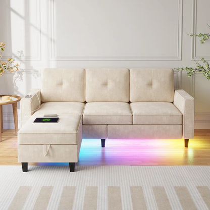 4 Seater Sofa: Modern Convertible Sofa With Storage, Removable Cushions & Led Lights(Beige)
