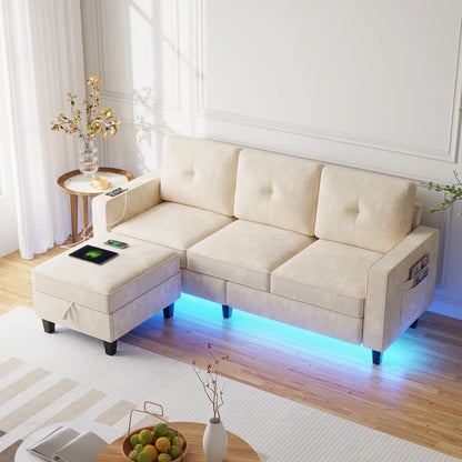 4 Seater Sofa: Modern Convertible Sofa With Storage, Removable Cushions & Led Lights(Beige)