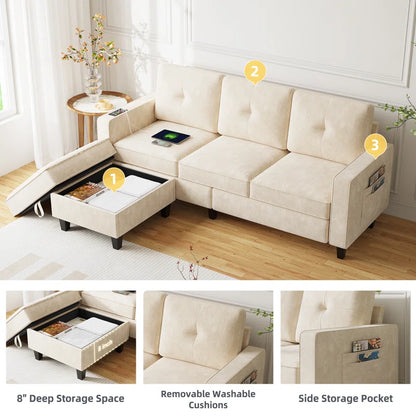 4 Seater Sofa: Modern Convertible Sofa With Storage, Removable Cushions & Led Lights(Beige)