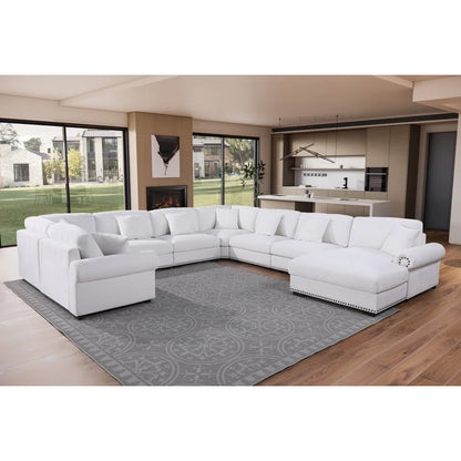 9 Seater Sofa: Modern Fabric Sofa Reversible 9 Seater Corner Sectional with Movable Ottoman(White Polyester)