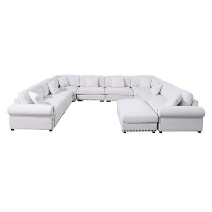 9 Seater Sofa: Modern Fabric Sofa Reversible 9 Seater Corner Sectional with Movable Ottoman(White Polyester)