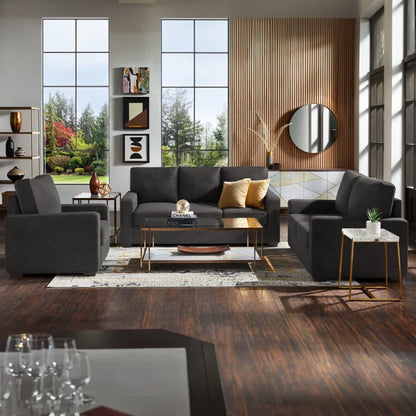 THE CASA ORO® Designer Sofa Set: Modern Fabric Upholstered Square Arm Sofa Set - Living Room Chair, Loveseat And Sofa(Black Woven)