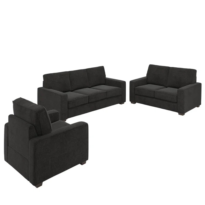 THE CASA ORO® Designer Sofa Set: Modern Fabric Upholstered Square Arm Sofa Set - Living Room Chair, Loveseat And Sofa(Black Woven)