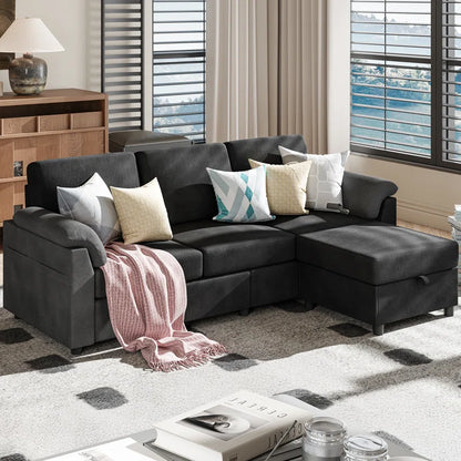 L- Shape Sectional Sofa: 79" Modern Linen Fabric Living Room Sectional Sofa (Black)