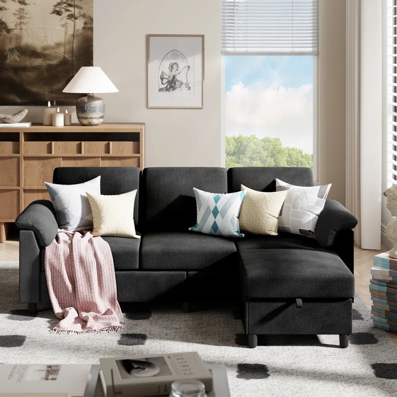 L- Shape Sectional Sofa: 79" Modern Linen Fabric Living Room Sectional Sofa (Black)