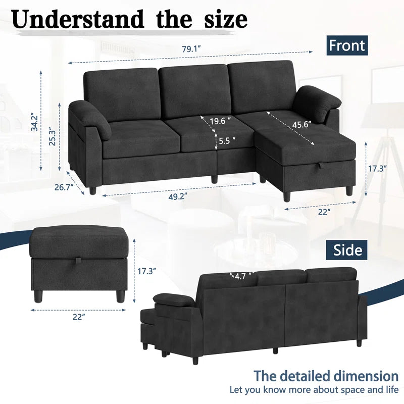 L- Shape Sectional Sofa: 79" Modern Linen Fabric Living Room Sectional Sofa (Black)