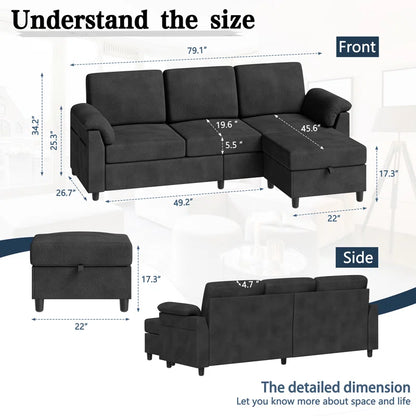 L- Shape Sectional Sofa: 79" Modern Linen Fabric Living Room Sectional Sofa (Black)