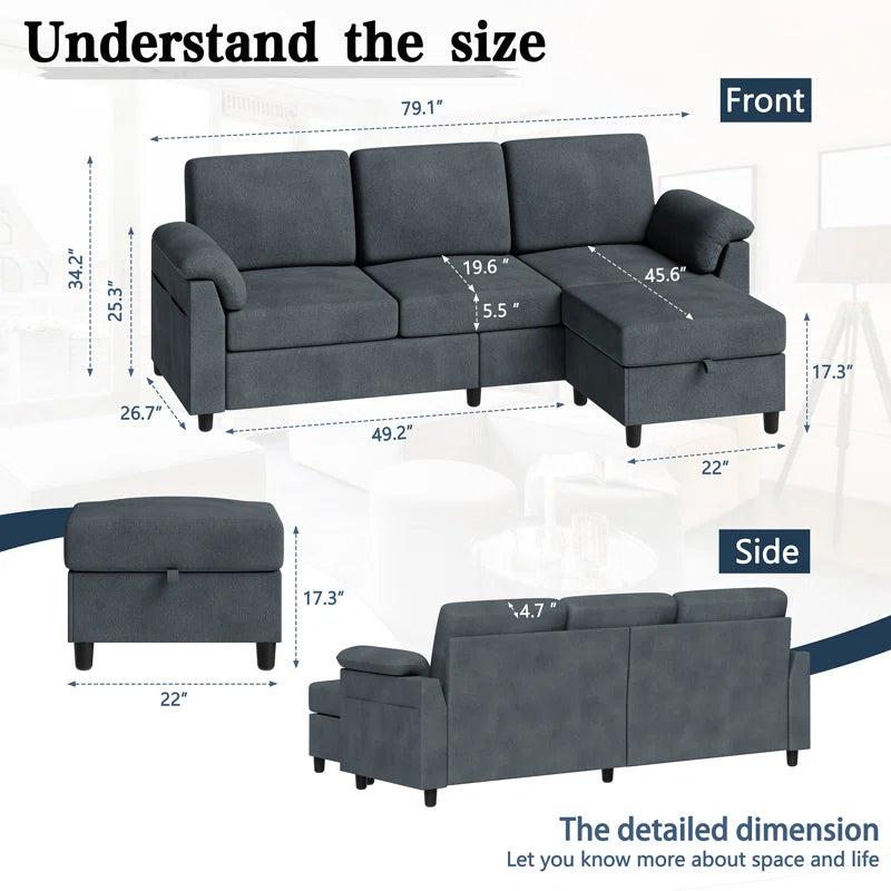 L- Shape Sectional Sofa: 79" Modern Linen Fabric Living Room Sectional Sofa (Deep Gray)