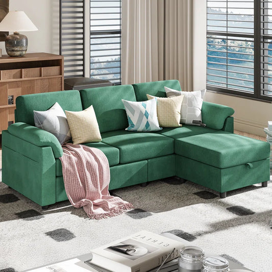 L- Shape Sectional Sofa: 79" Modern Linen Fabric Living Room Sectional Sofa (Green)