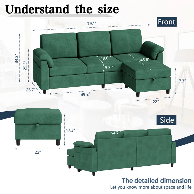 L- Shape Sectional Sofa: 79" Modern Linen Fabric Living Room Sectional Sofa (Green)