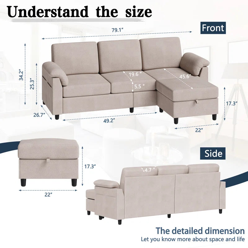 L- Shape Sectional Sofa: 79" Modern Linen Fabric Living Room Sectional Sofa (Milk Coffee)
