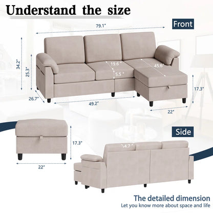 L- Shape Sectional Sofa: 79" Modern Linen Fabric Living Room Sectional Sofa (Milk Coffee)