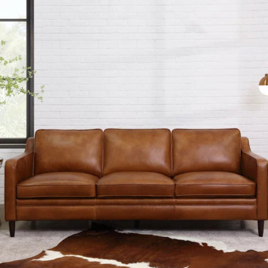 3 Seater Sofa: Modern Living Room Genuine Leather Square Arm Sofa(Brown)