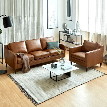 3 Seater Sofa: Modern Living Room Genuine Leather Square Arm Sofa(Brown)