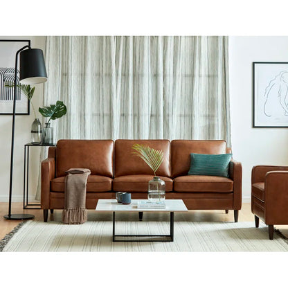 3 Seater Sofa: Modern Living Room Genuine Leather Square Arm Sofa(Brown)