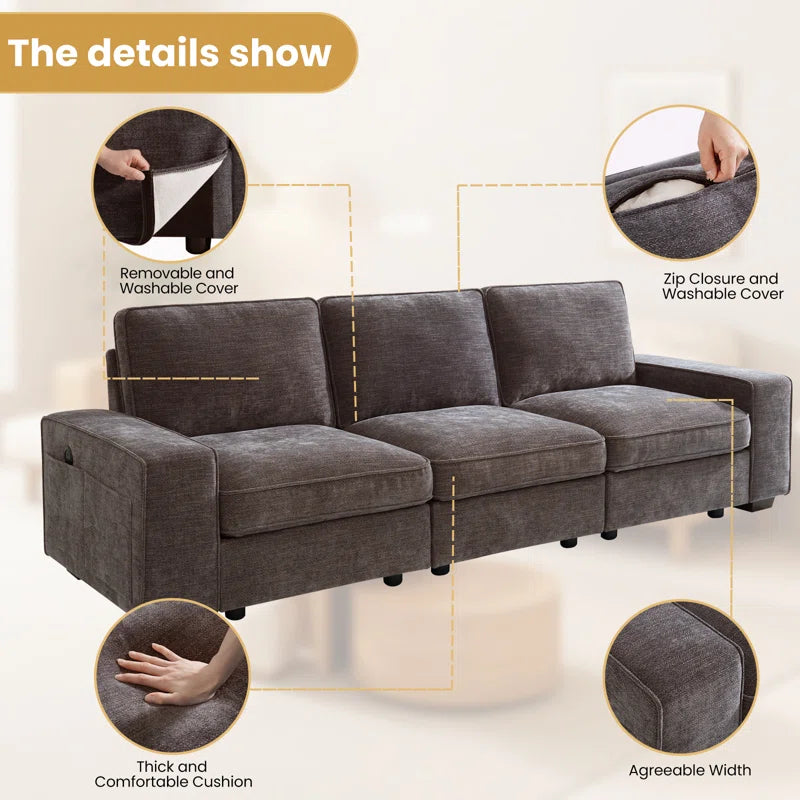 5 Seater Sofa: Modern Modular Sectional Sofa Set of 5 Seater Chenille Couch with Storage Space and USB Port for Living Room(Dark Grey Chenille)
