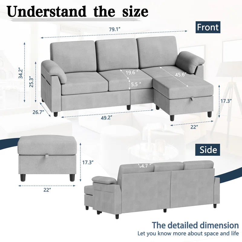 L- Shape Sectional Sofa: 79" Modern Linen Fabric Living Room Sectional Sofa (Light Gray)