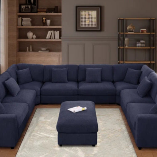 U-Shape Sectional Sofa: Modular 12-piece Oversized 9-seater Corner Sectional Sofa(Blue Polyester)