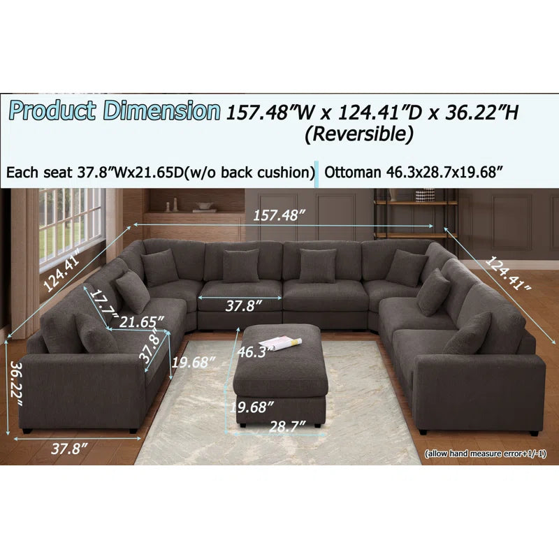U-Shape Sectional Sofa: Modular 12-piece Oversized 9-seater Corner Sectional Sofa(Dark Gray Polyester)