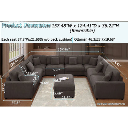 U-Shape Sectional Sofa: Modular 12-piece Oversized 9-seater Corner Sectional Sofa(Dark Gray Polyester)