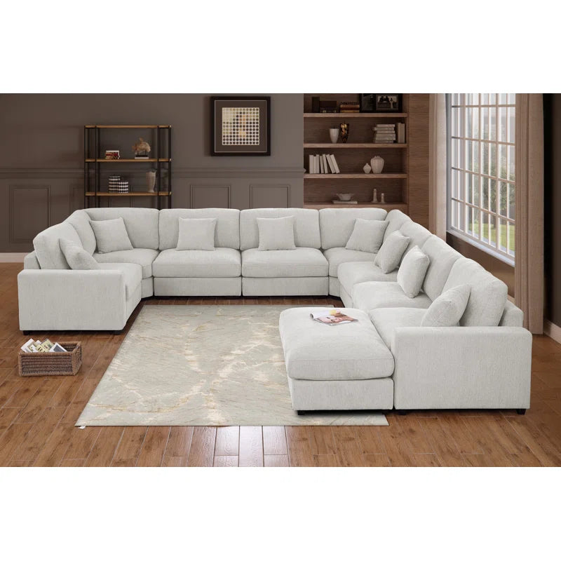 U-Shape Sectional Sofa: Modular 12-piece Oversized 9-seater Corner Sectional Sofa(White Polyester)