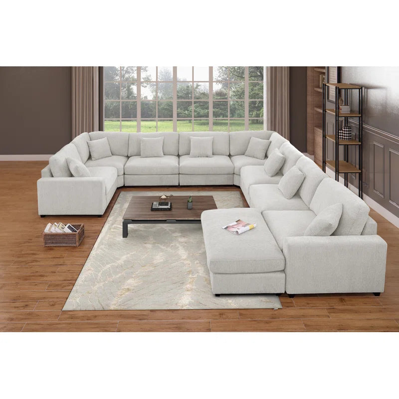 U-Shape Sectional Sofa: Modular 12-piece Oversized 9-seater Corner Sectional Sofa(White Polyester)