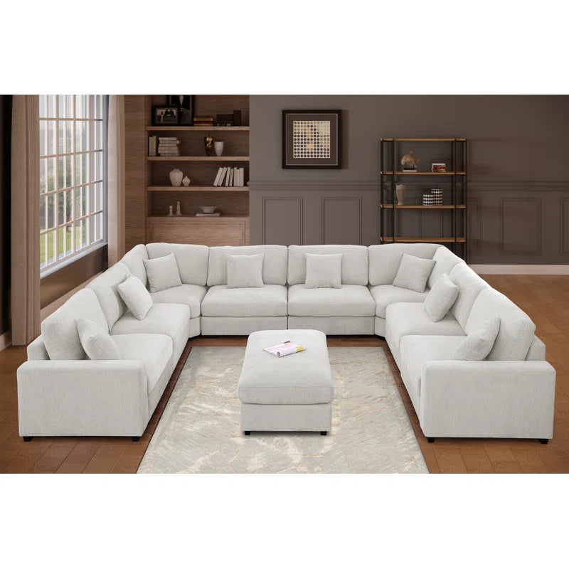 U-Shape Sectional Sofa: Modular 12-piece Oversized 9-seater Corner Sectional Sofa(White Polyester)