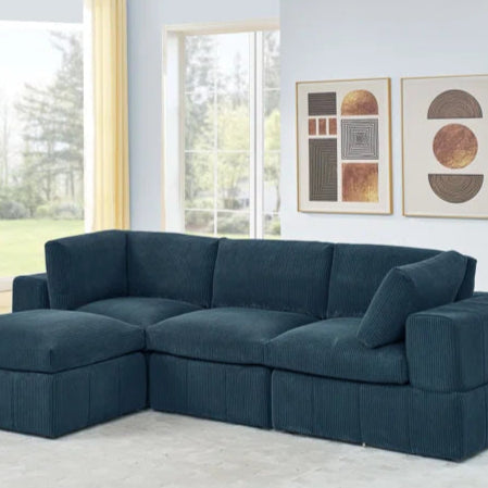 L-Shape Sectional Sofa: 4 - Piece Modular Corduroy Sectional(Dark Blue Corduroy)