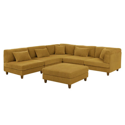 6 Seater Sofa: 6 - Piece Cozy Modular Corner Design Corduroy Sectional with Square Ottoman(Ginger Corduroy)