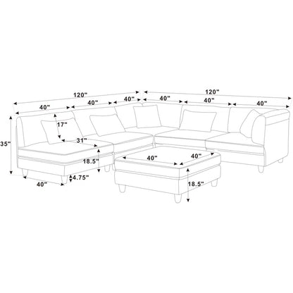 6 Seater Sofa: 6 - Piece Cozy Modular Corner Design Corduroy Sectional with Square Ottoman(Ginger Corduroy)