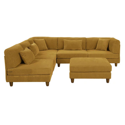 6 Seater Sofa: 6 - Piece Cozy Modular Corner Design Corduroy Sectional with Square Ottoman(Ginger Corduroy)