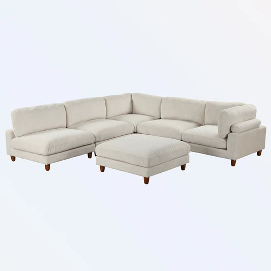 U-Shape Sectional Sofa: Modular Corner Sectional Sofa with Ottoman(Beige Polyester Blend)