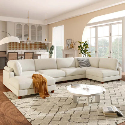 THE CASA ORO® U-Shape Sectional Sofa: Modular Corner Sectional Sofa with Ottoman(Beige Polyester)