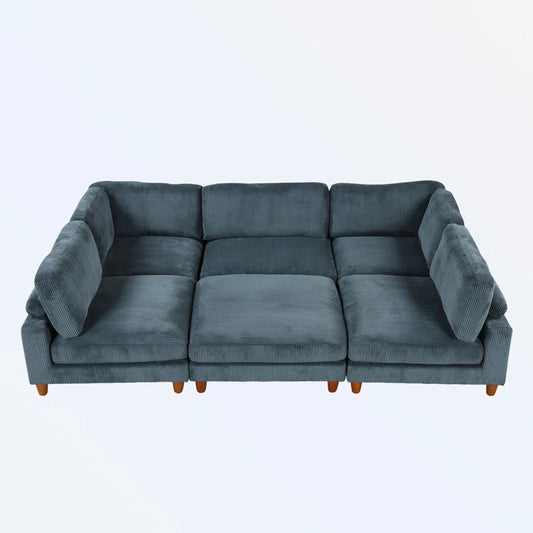 U-Shape Sectional Sofa: Modular Corner Sectional Sofa with Ottoman(Blue Polyester Blend)