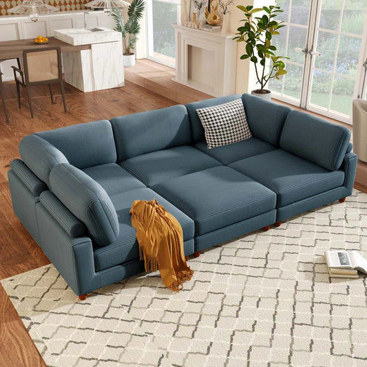 U-Shape Sectional Sofa: Modular Corner Sectional Sofa with Ottoman(Blue Polyester)