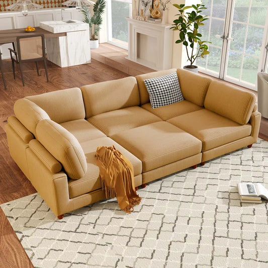 U-Shape Sectional Sofa: Modular Corner Sectional Sofa with Ottoman(Yellow Polyester)