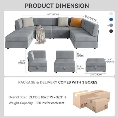 6 Seater Sofa: Modular L-shaped 6-seater Sofa With Storage Base(Light Gray)