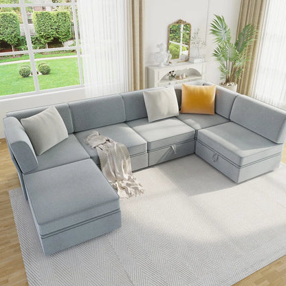 6 Seater Sofa: Modular L-shaped 6-seater Sofa With Storage Base(Light Gray)
