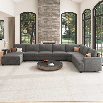 8 Seater Sofa: Modular Sectional U Shaped Corner Sofa With Storage Ottoman(Light Gray Polyester)