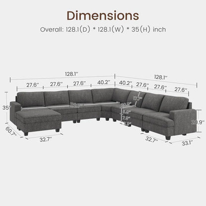 8 Seater Sofa: Modular Sectional U Shaped Corner Sofa With Storage Ottoman(Light Gray Polyester)