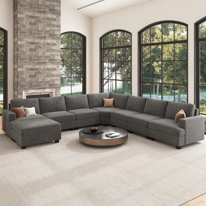 8 Seater Sofa: Modular Sectional U Shaped Corner Sofa With Storage Ottoman(Light Gray Polyester)