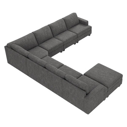 8 Seater Sofa: Modular Sectional U Shaped Corner Sofa With Storage Ottoman(Light Gray Polyester)
